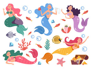 Sea mermaids characters on sea bottom with treasure isolated set. Vector flat graphic design cartoon illustration