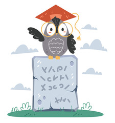 Wise owl character sitting on ancient stone plate with wisdom tex. Vector flat graphic design cartoon illustration
