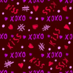 Seamless pattern for Valentine's Day, hand-drawn, textured brush, on a brown background.