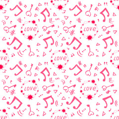 Various hand-drawn symbols on the theme of Valentine's Day are collected in a pattern on a white background.