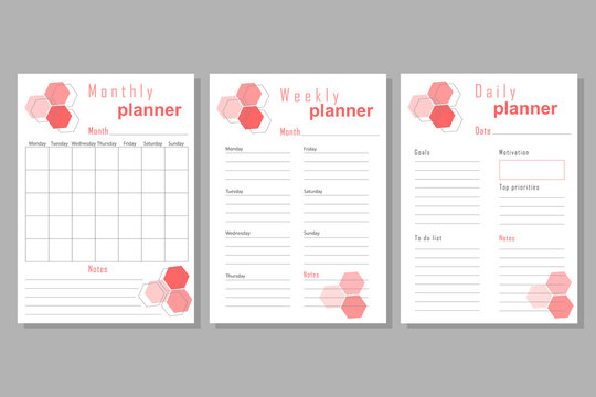 Set of minimalist planners. Daily, weekly, monthly planner template.  Design with pink elements.