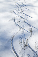 Adult foot prints and sled tracks in the snow