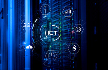 3D render ICT Information and communications technology against background of a modern data center supercomputer rack