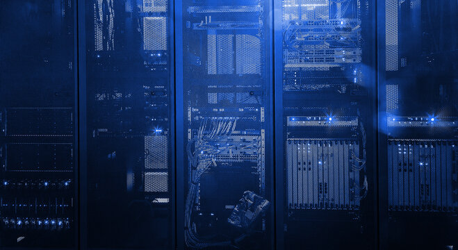 3D render Futuristic background image of rack server with blinking lights in supercomputer, copy space