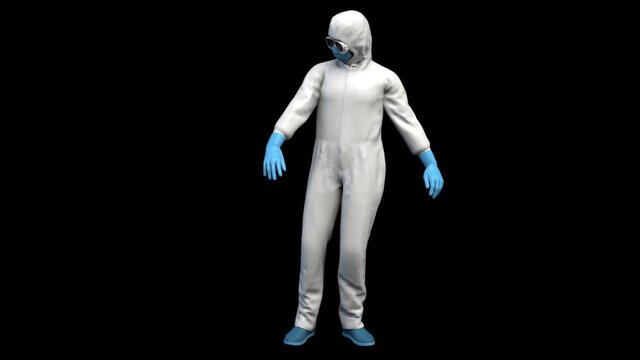Man in vrus protective suit - 3d render looped with alpha chnnel.