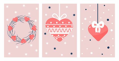 Valentine posters with festive decorations. Festive heart greeting cards. Holiday designs.