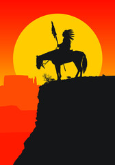 A vector silhouette of an American Indian chief on a horse overlooking a western desert sunset scene.