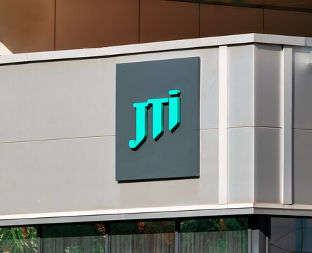 Bucharest, Romania - 10.01.2021: JTI company logo on a building in Bucharest. JTI Romania is a subsidiary of JTI ( Japan Tobacco Inc)