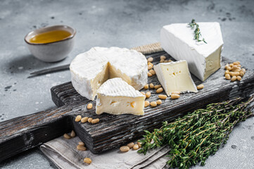 Delicious cheese brie and camembert on wooden board with herbs and nuts. Dairy French products....
