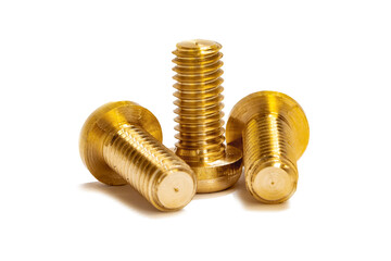 Bronze screws made on a lathe on a white isolated background.