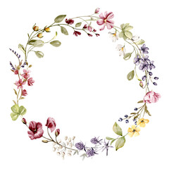 Obraz na płótnie Canvas Wreath with watercolor flowers, floral frame for greeting card, invitation and other printing design. Isolated on white. Hand drawing.