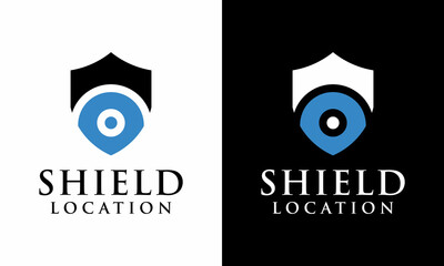 Safe place logo - shield and address pointer symbol. Security and sheild logo vector design icon template. on a black and white background.
