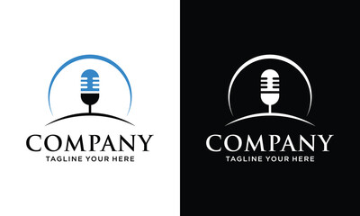 The microphone icon in a fashionable flat style is isolated against the background. Logo, application, user interface. Podcast radio icon. Studio microphone table broadcast podcast text. on a black an - obrazy, fototapety, plakaty