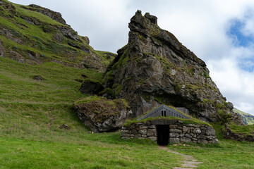 Beautiful view of the Rutshellir Caves, the ancient habitations in the rock also call Cave of R&uacute;tur, in Iceland 