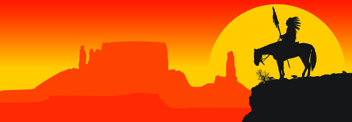 A vector silhouette of an American Indian chief on a horse overlooking a western desert sunset scene.
