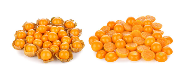 Heap of cape gooseberry (physalis) isolated on white background.