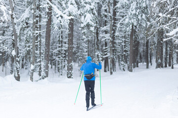 Fototapeta na wymiar People ski in the winter in the forest.Cross country skilling.