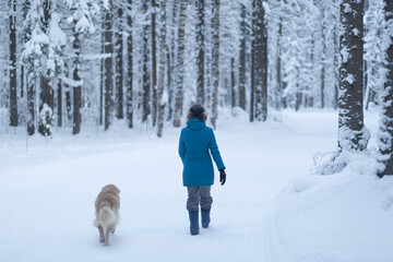 Fototapeta na wymiar Walking with a dog in winter in the forest. Winter forest and dog.