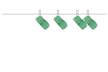 Continuous line drawing, Dollar bill hanging on rope attached with clothes pins. Money-laundering concept illustration of finance and business. Vector illustration.