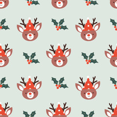 Children's Christmas illustration with Santa, deer and small decorative elements.  Festive illustration for wrapping paper, textiles, decorations.