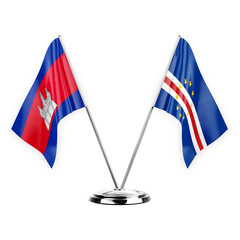 Two table flags isolated on white background 3d illustration, cambodia and cape verde