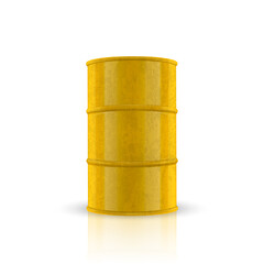 Vector 3d Barrel of Oil. Yellow Steel Simple Glossy Metal Enamel Barrel. Fuel, Gasoline, Oil Barrel Icon Isolated. Design Template for Mockup. Front View