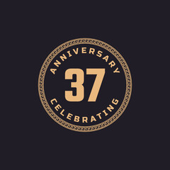 Vintage Retro 37 Year Anniversary Celebration with Circle Border Pattern Emblem. Happy Anniversary Greeting Celebrates Event Isolated on Black Background