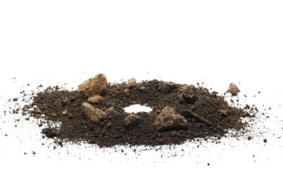 Pile dirt hole and rocks isolated on white background, with clipping path - obrazy, fototapety, plakaty