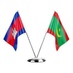 Two table flags isolated on white background 3d illustration, cambodia and mauritania