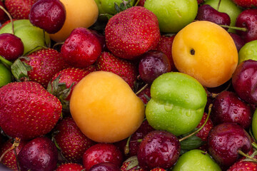 Fototapeta na wymiar Ripe strawberry, apricot, cherry, green plum with water drops. Fresh Summer fruit background close up image.