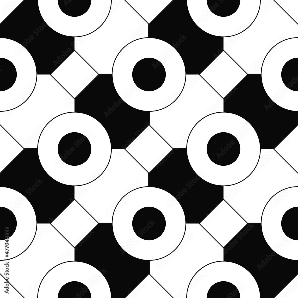 Poster Chess pattern of circles and rhombuses. Vector geometric pattern in black and white color.
