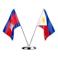 Two table flags isolated on white background 3d illustration, cambodia and philippines