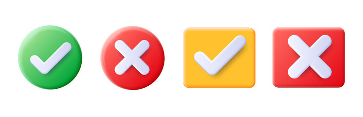 Realistic right and wrong 3D Button. A set of glossy round icons with a check mark, a sign of the cross. 3d minimalist style. Symbols of acceptance, rejection and attention. Vector illustration