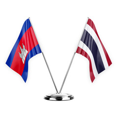 Two table flags isolated on white background 3d illustration, cambodia and thailand