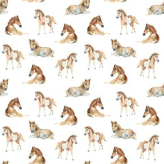 Watercolor seamless pattern with horses.