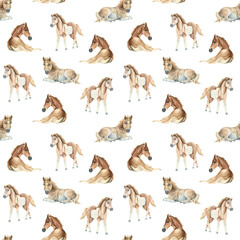 Watercolor seamless pattern with horses. © filipok1988