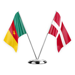 Two table flags isolated on white background 3d illustration, cameroon and denmark