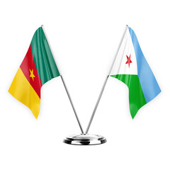 Two table flags isolated on white background 3d illustration, cameroon and djibouti