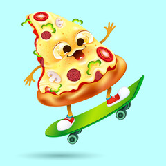 funny cartoon slice of pizza on skateboard on blue background. fast food icon concept. delivery service. vector illustration. 