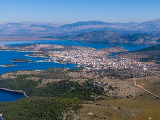 Fototapeta na wymiar Beautiful aerial view of Ksamil from above islands and sea, Albanian Riviera