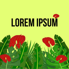 Template in tropical style with leafs and red flowers