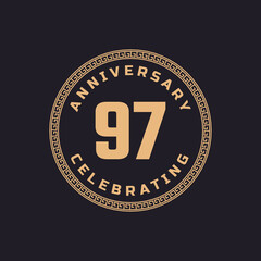 Vintage Retro 97 Year Anniversary Celebration with Circle Border Pattern Emblem. Happy Anniversary Greeting Celebrates Event Isolated on Black Background