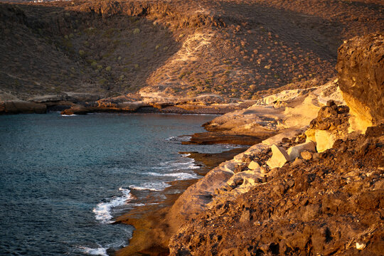The beach Playa de los Morteros by evening near La Caleta, Costa Adeje, Tenerife