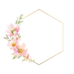 Golden frame in the design with watercolor pink flowers. Spring composition for your design, postcard or a wedding invitation