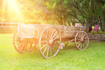 Fototapeta na wymiar wooden cart on the farm. Brazilian farm for relaxation. Wildlife. Rio Grande do Sul, Brazil