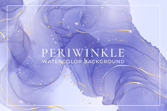 Violet lavender liquid watercolor marble background with golden lines. Pastel purple periwinkle alcohol ink drawing effect. Vector illustration design template for wedding invitation, menu, rsvp