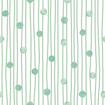 Fototapeta Teal watercolor polka dot and stripes on white background. Seamless pattern. For wallpaper, textile, wrapping paper, packaging design and interior decoration.