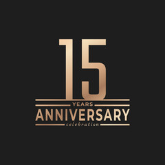 15 Year Anniversary Celebration with Thin Number Shape Golden Color for Celebration Event, Wedding, Greeting card, and Invitation Isolated on Dark Background