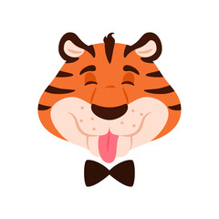 Teasing cheerful cartoon tiger grimace shows tongue face isolated on white background. Happy playful striped flat wildcat head. Adorable orange wild cat Childish animal character vector illustration.