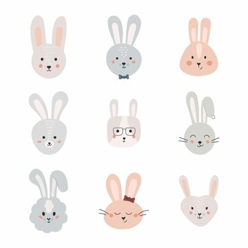 Set of cute rabbits. Funny doodle animals. Little bunny in cartoon style. Vector trendy scandinavian illustration